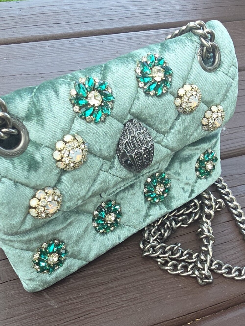 Kurt Geiger Embellished Quilted Green Velvet Shoulder Bag - Picture 16 of 16